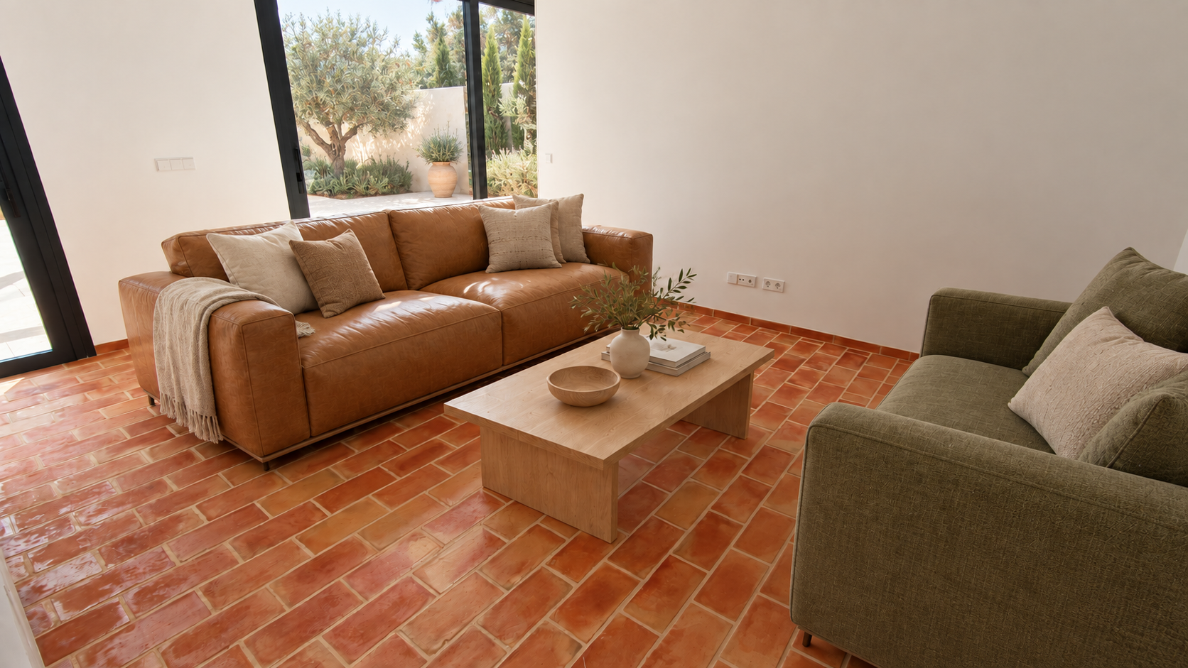 Salón con pavimento de barro cocido rectangular